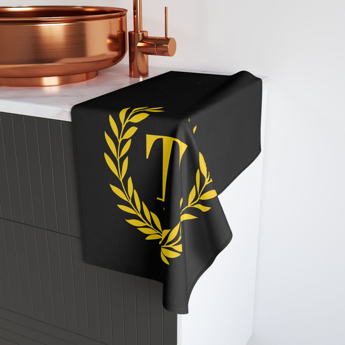 Elegant letter "T" Gold Laurel Monogram Hand Towel