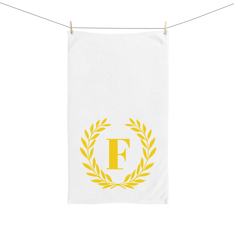 Elegant letter "F" Gold Laurel Monogram White Hand Towel