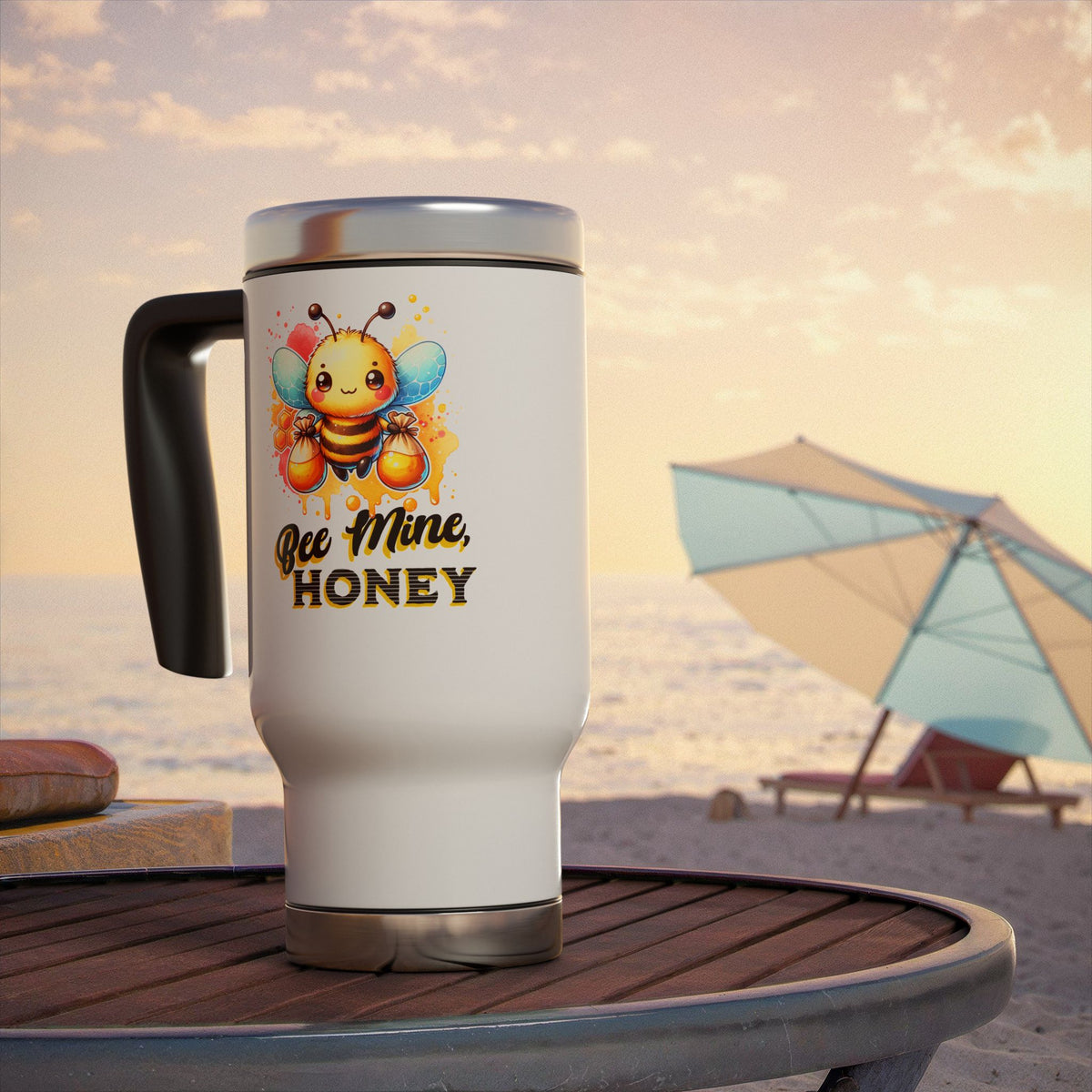 Bee Mine, Honey - Romantic Stainless Steel Travel Mug with Handle, 14oz