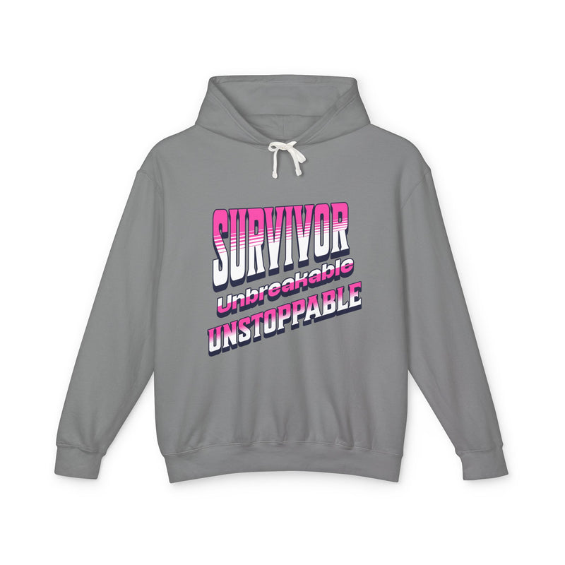 Survivor, Unbreakable, Unstoppable - Breast Cancer Survivor Lightweight Hooded Sweatshirt