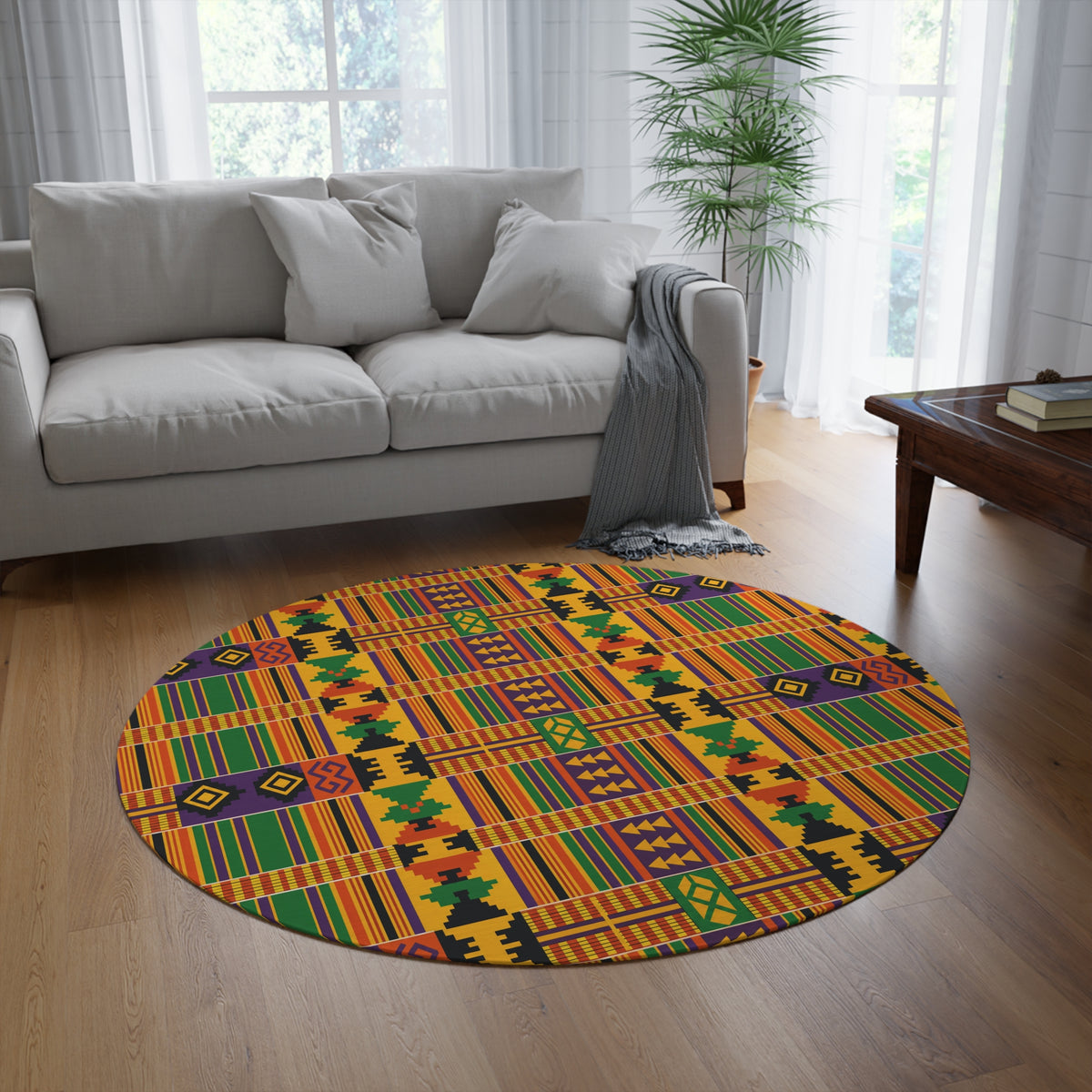 Kente Pattern Round Rug — African-Inspired Geometric Floor Mat