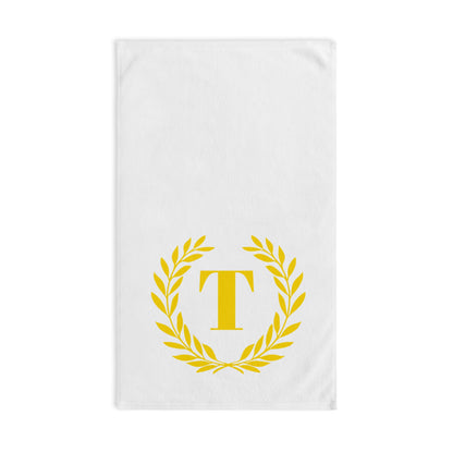 Elegant letter "T" Gold Laurel Monogram White Hand Towel