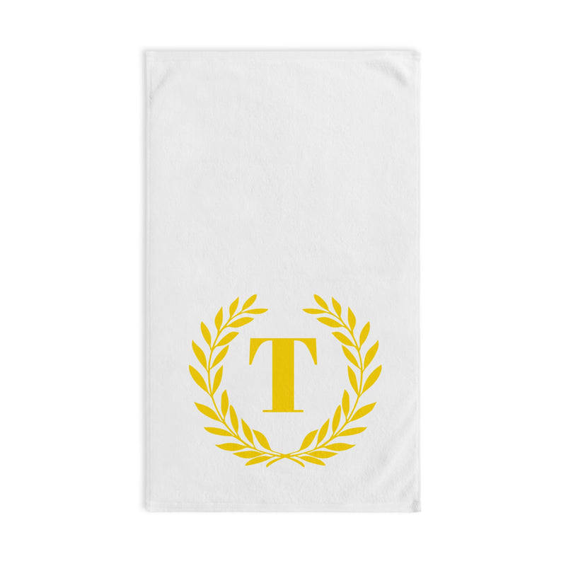 Elegant letter "T" Gold Laurel Monogram White Hand Towel