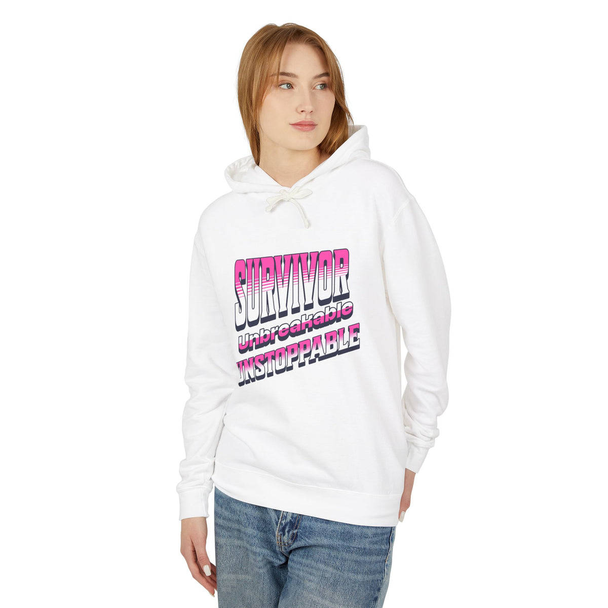 Survivor, Unbreakable, Unstoppable - Breast Cancer Survivor Lightweight Hooded Sweatshirt