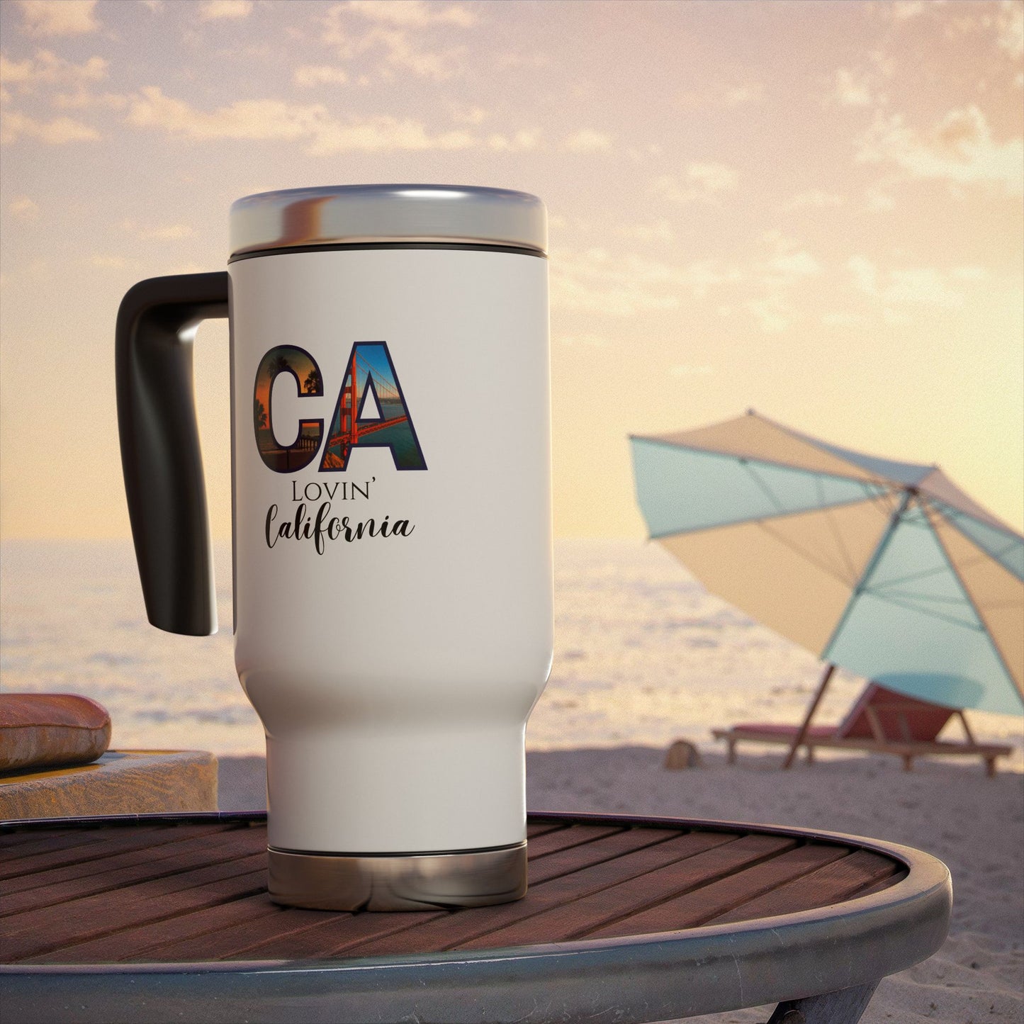 Lovin' California Stainless Steel Travel Mug with Handle, 14oz