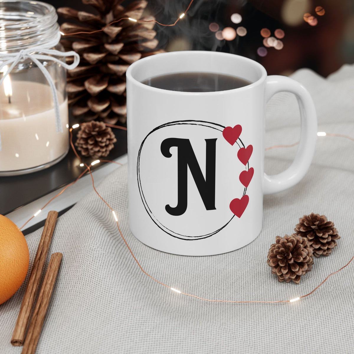 Letter "N" Monogram Heart Design Coffee Mug