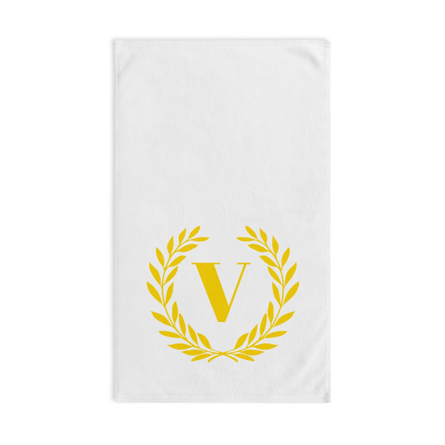 Elegant letter "V" Gold Laurel Monogram White Hand Towel