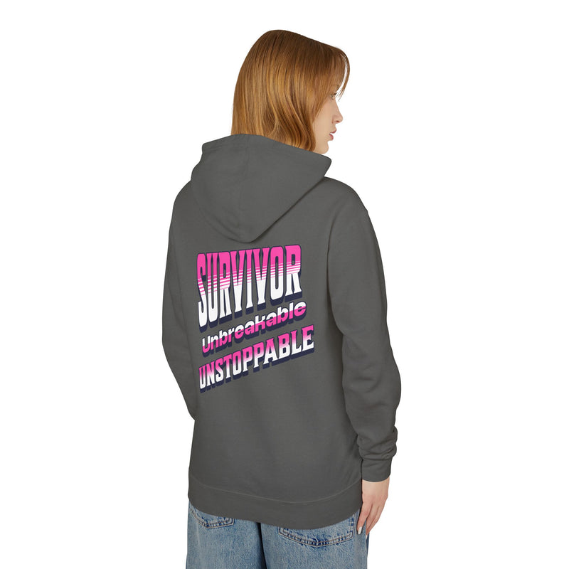 Survivor, Unbreakable, Unstoppable - Breast Cancer Survivor Lightweight Hooded Sweatshirt