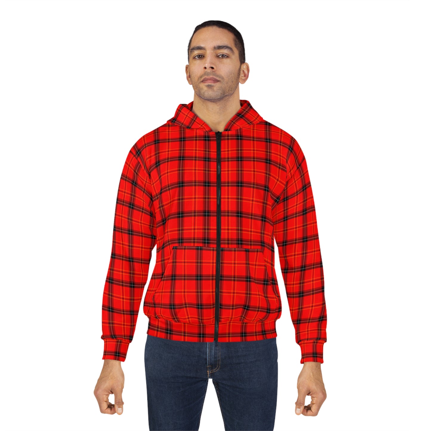 Red Plaid Pattern Unisex Zip Hoodie (AOP)