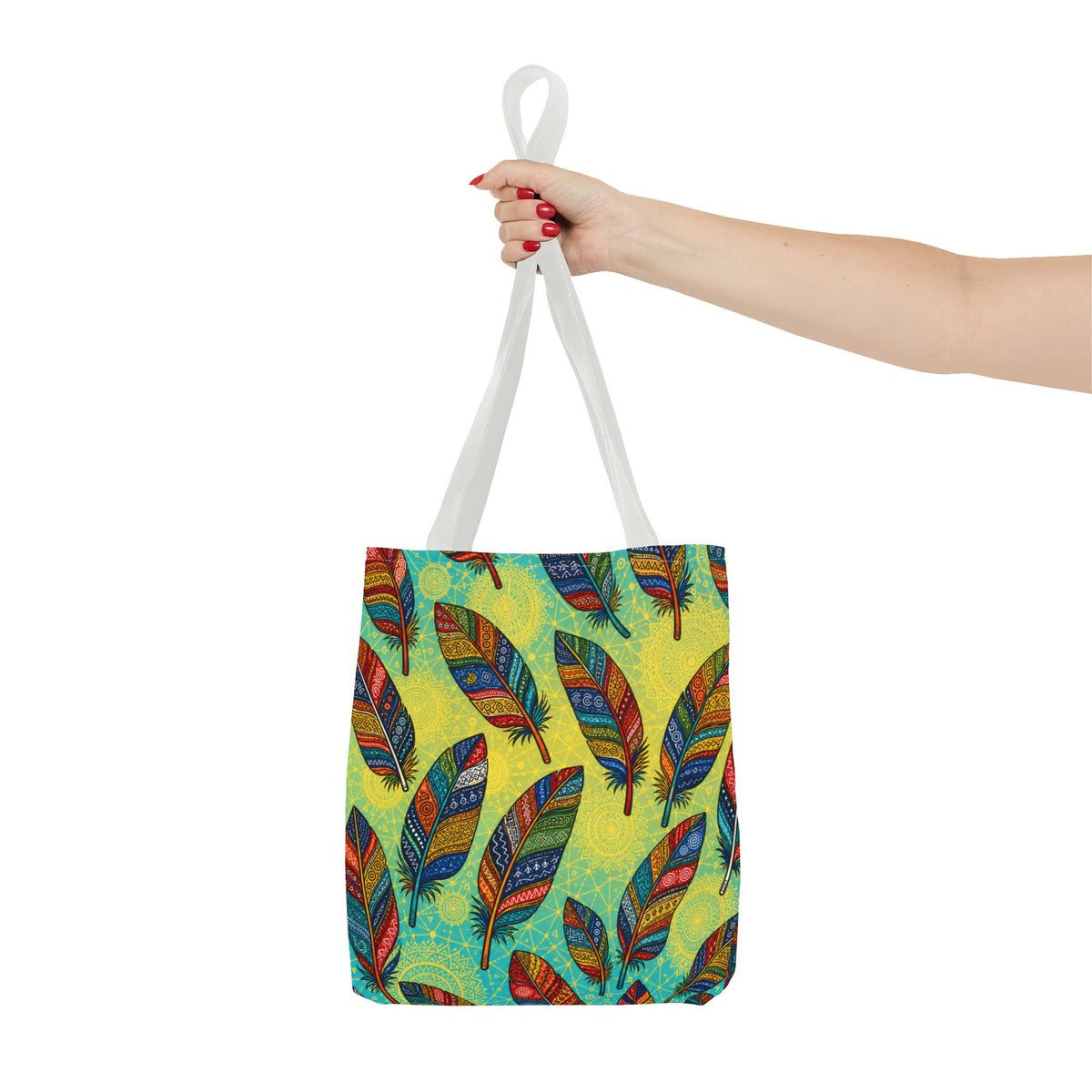 Boho Feather Pattern Tote Bag – Colorful Tribal Feathers All-Over Print