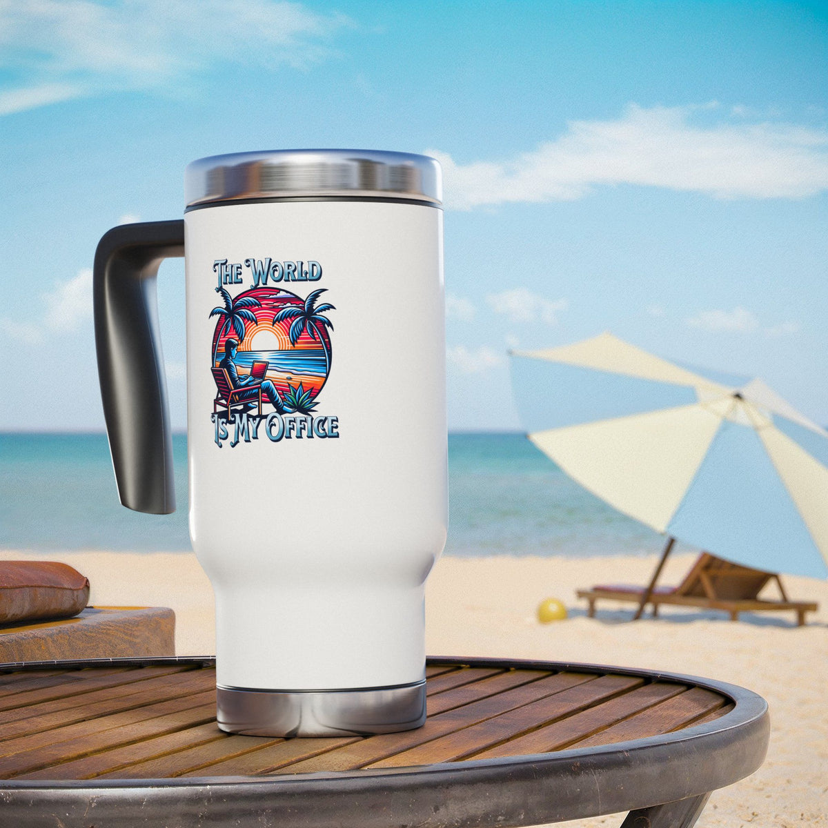 The World Is My Office - Stainless Steel Travel Mug with Handle, 14oz