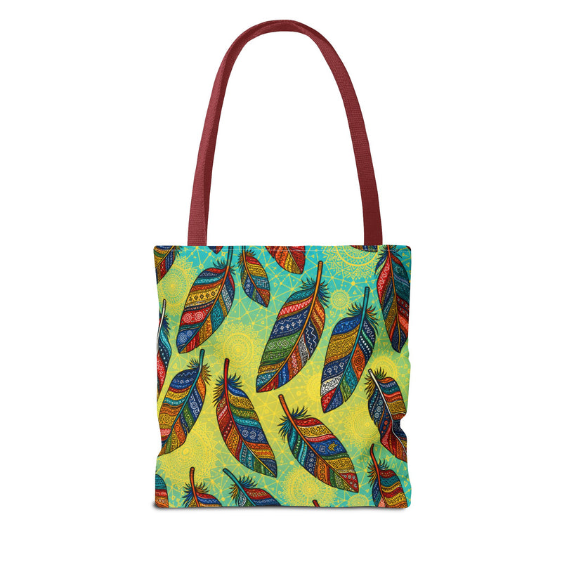 Boho Feather Pattern Tote Bag – Colorful Tribal Feathers All-Over Print
