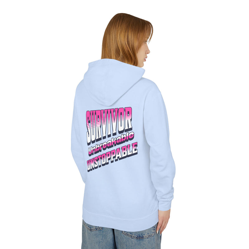 Survivor, Unbreakable, Unstoppable - Breast Cancer Survivor Lightweight Hooded Sweatshirt