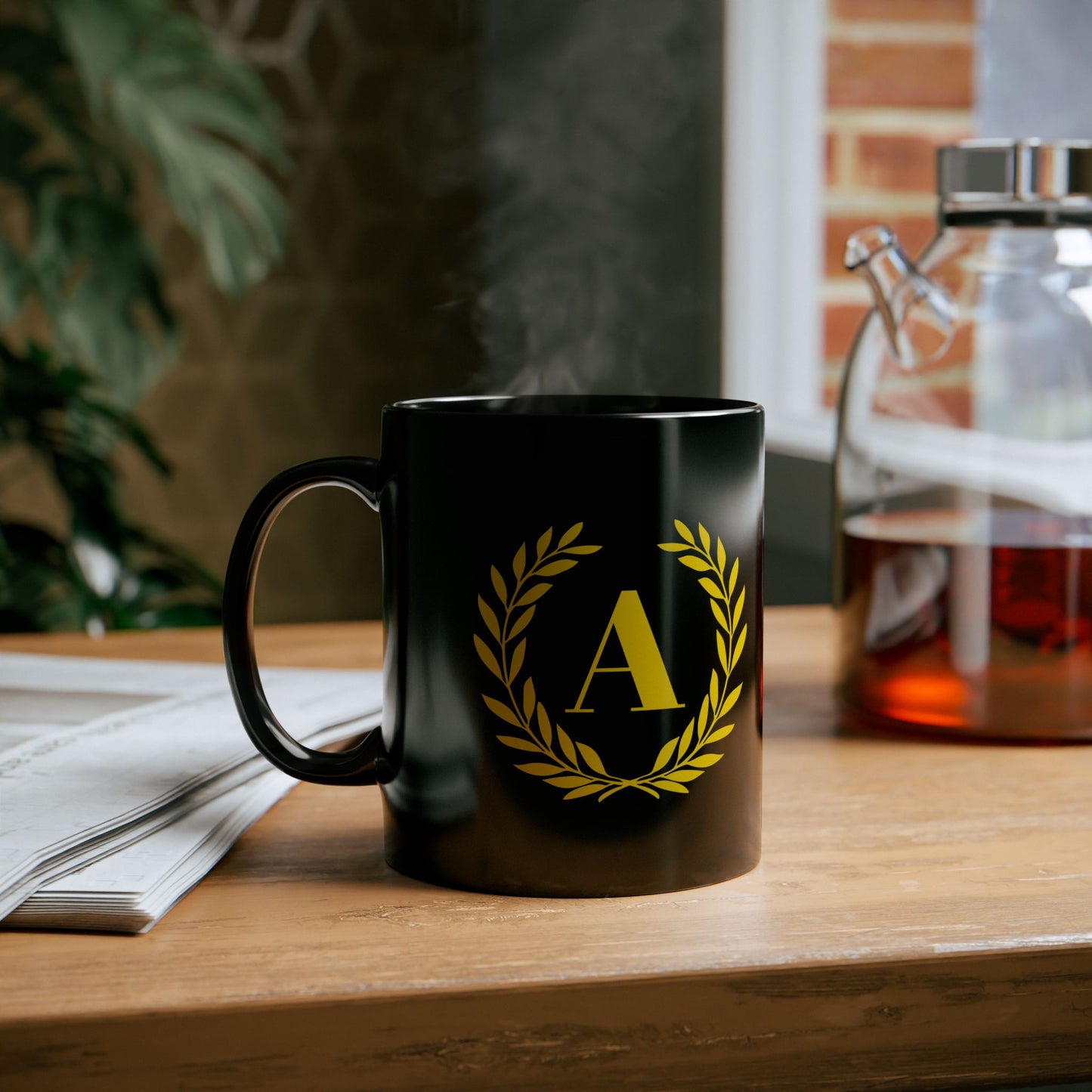 Elegant Letter "A" Laurel Monogram Black Coffee Mug
