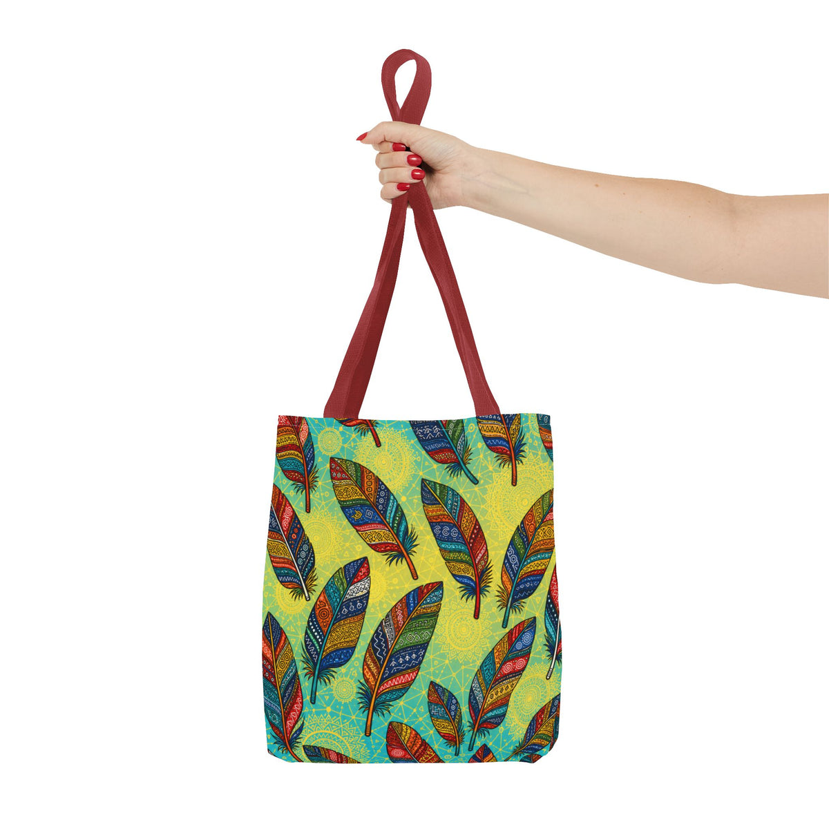 Boho Feather Pattern Tote Bag – Colorful Tribal Feathers All-Over Print