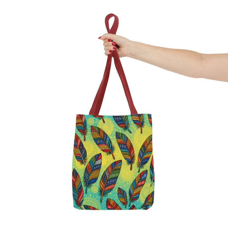 Boho Feather Pattern Tote Bag – Colorful Tribal Feathers All-Over Print
