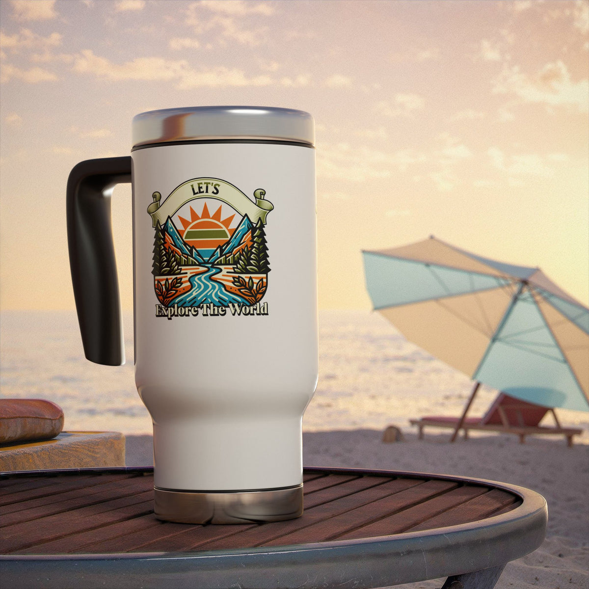 Let's Explore the World - Steel Travel Mug with Handle, 14oz