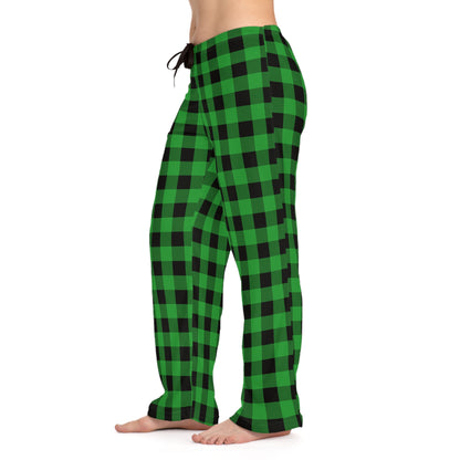 Green Plaid Checkered Pattern Women's Pajama Pants (AOP)