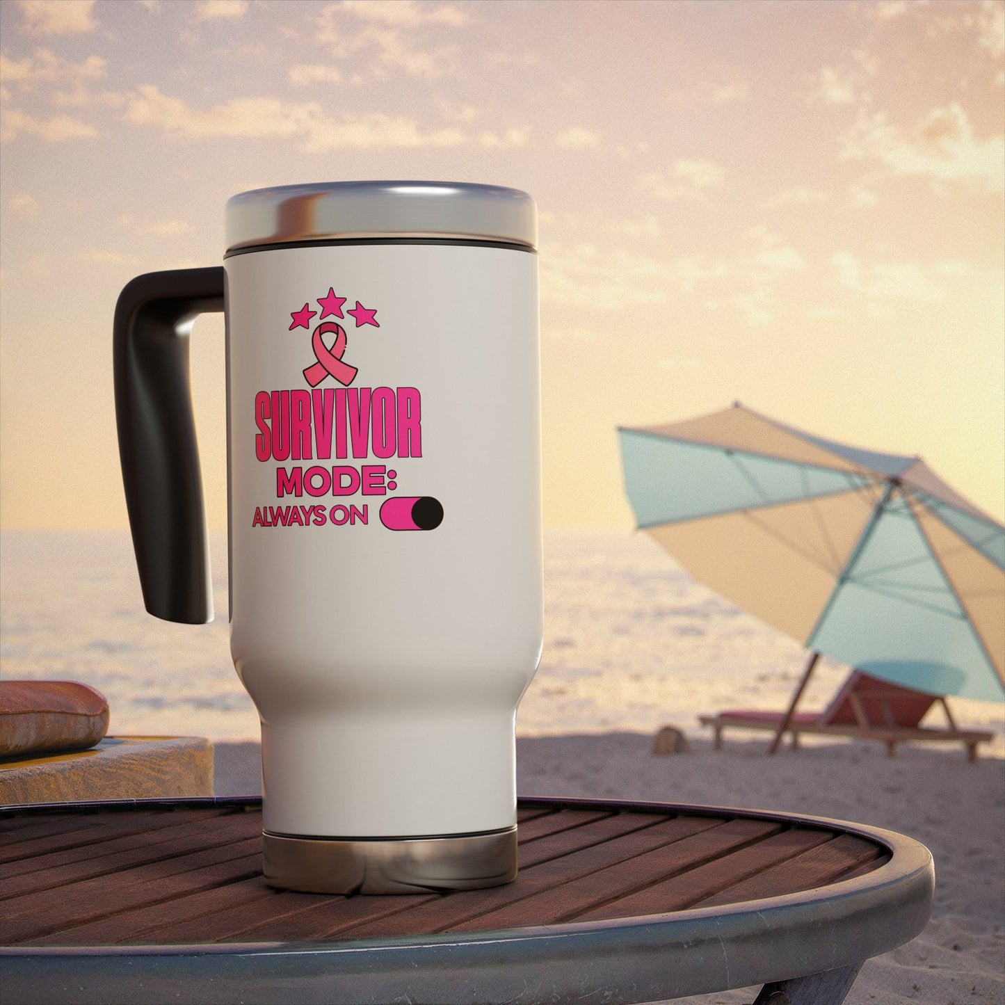 Survivor Mode: Always On - Breast Cancer Survivor Stainless Steel Travel Mug with Handle, 14oz