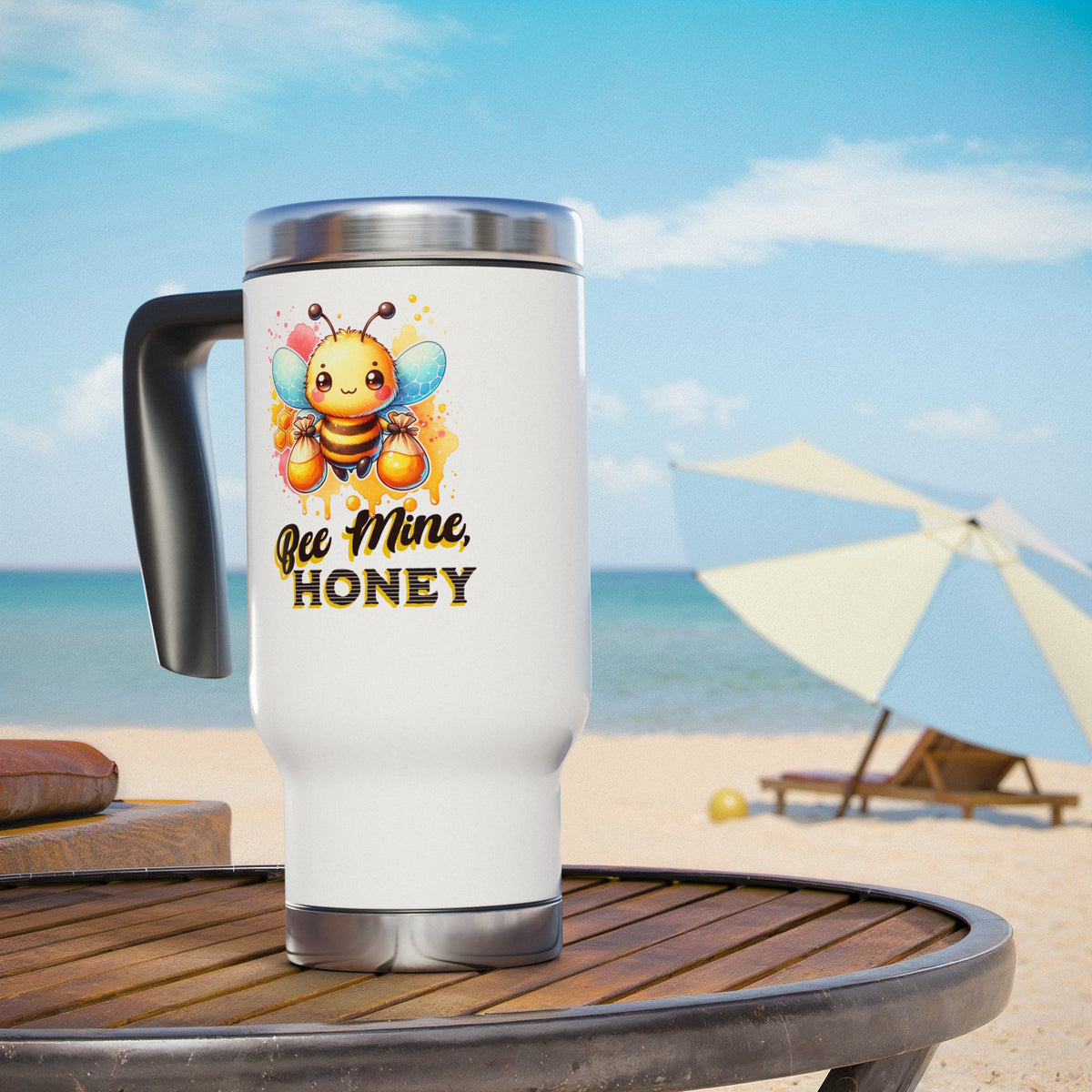 Bee Mine, Honey - Romantic Stainless Steel Travel Mug with Handle, 14oz
