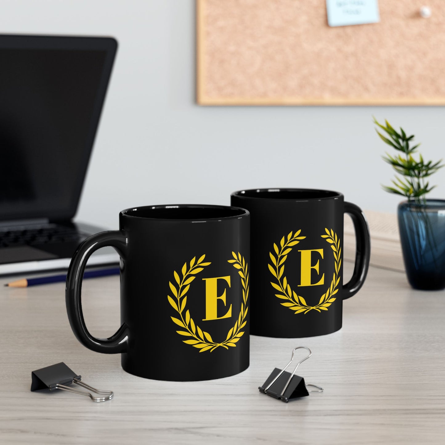 Elegant Letter "E" Laurel Monogram Black Coffee Mug