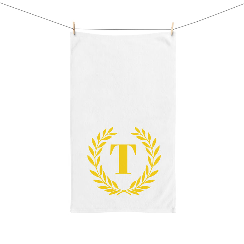 Elegant letter "T" Gold Laurel Monogram White Hand Towel