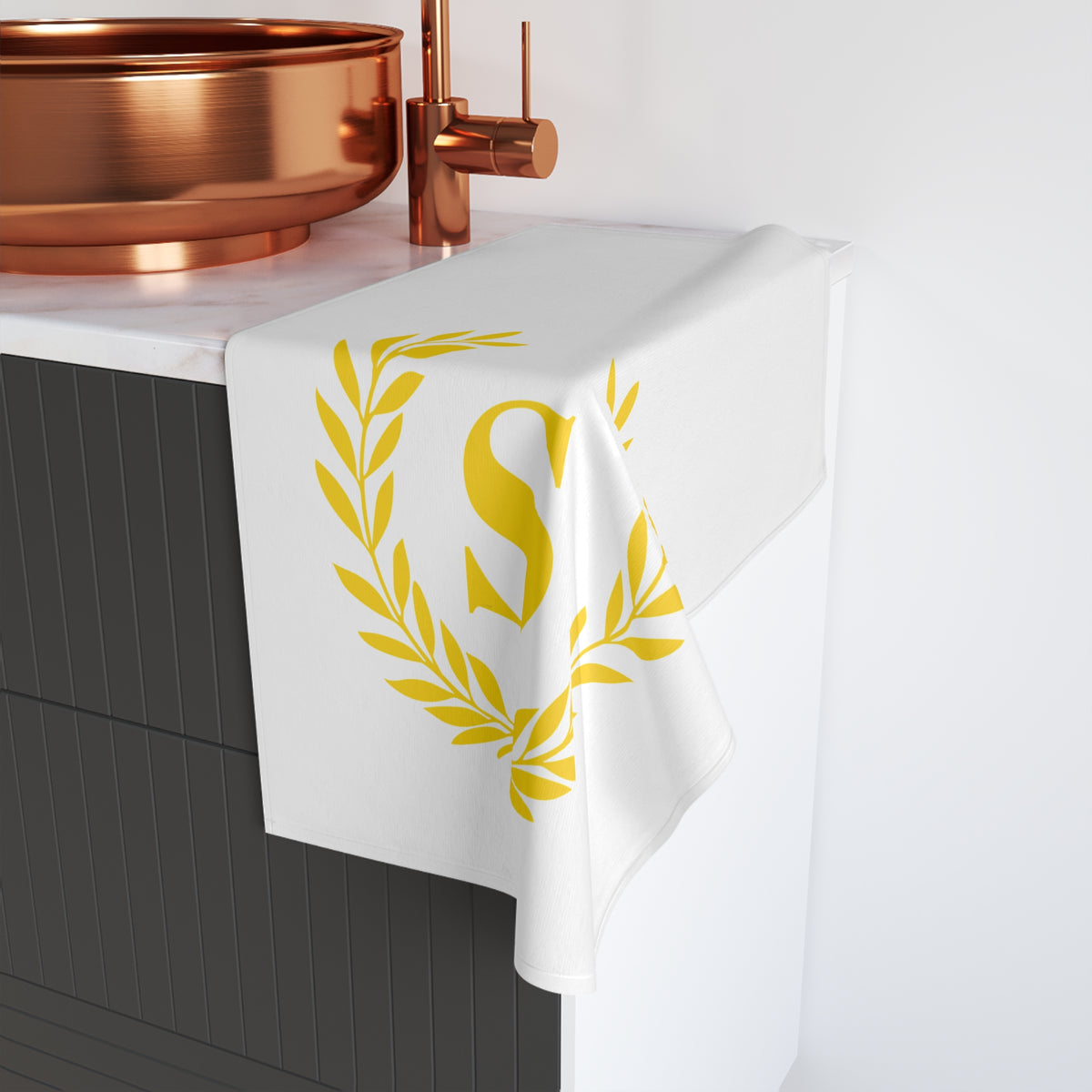 Elegant letter "S" Gold Laurel Monogram White Hand Towel