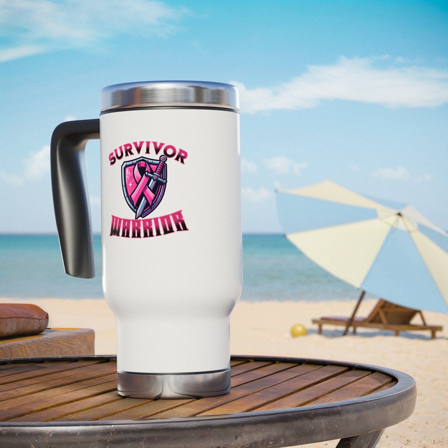 Survivor Warrior Breast Cancer Survivor Stainless Steel Travel Mug with Handle, 14oz