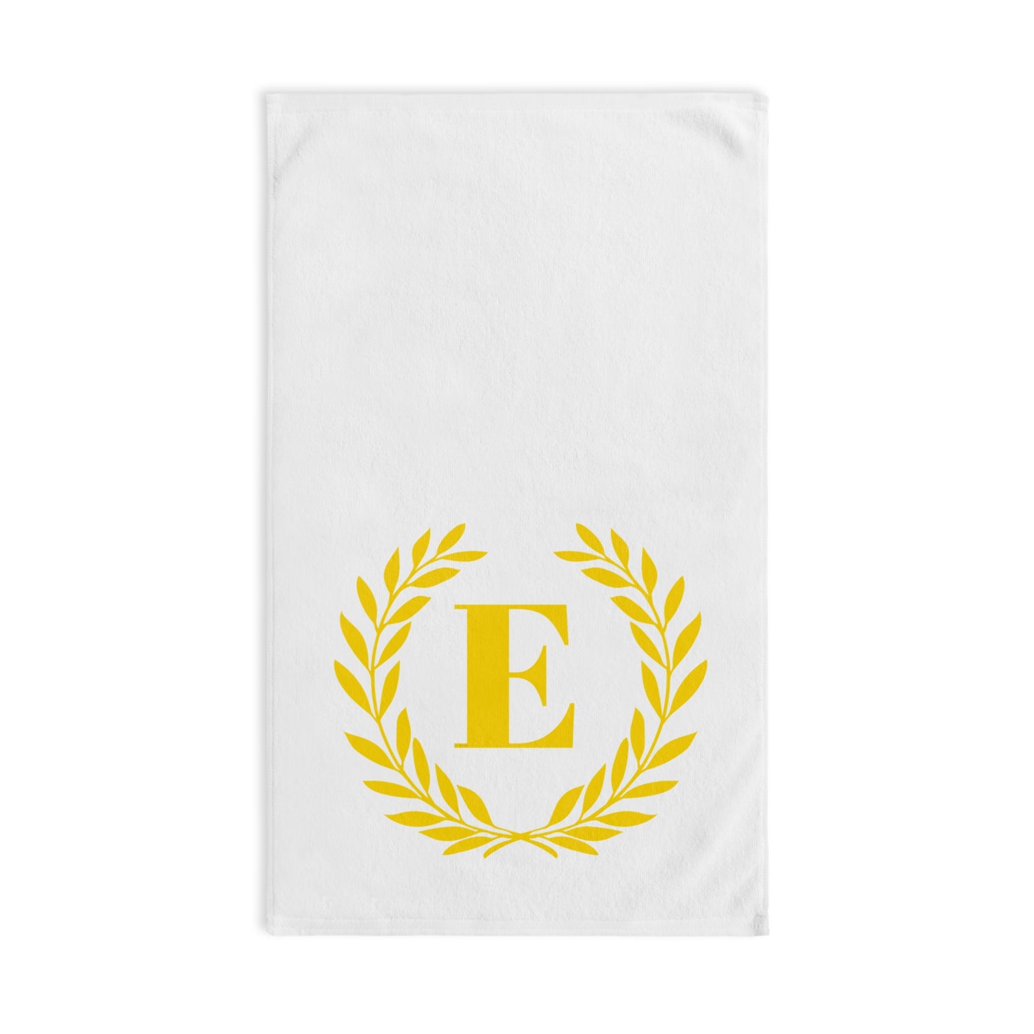 Elegant letter "E" Gold Laurel Monogram White Hand Towel
