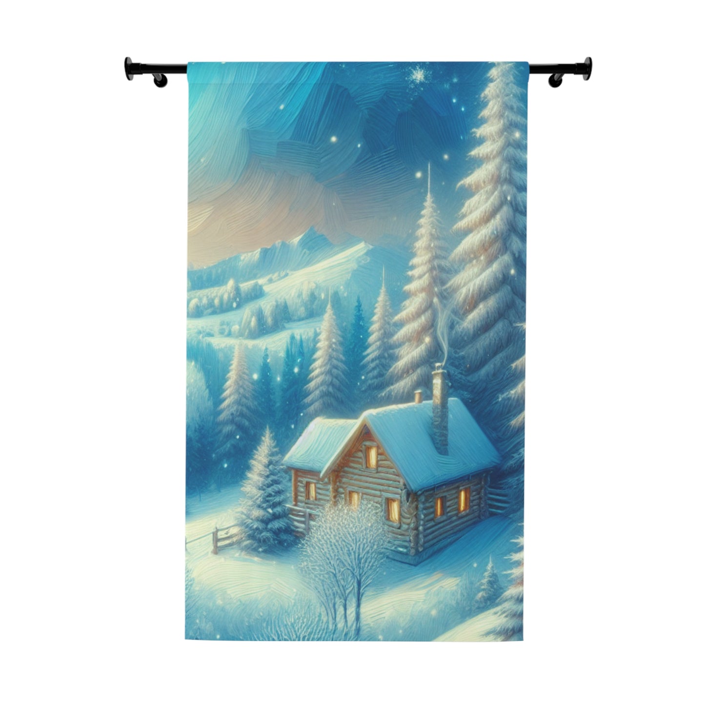 Magical Winter Forest Cabin Scene Window Curtains