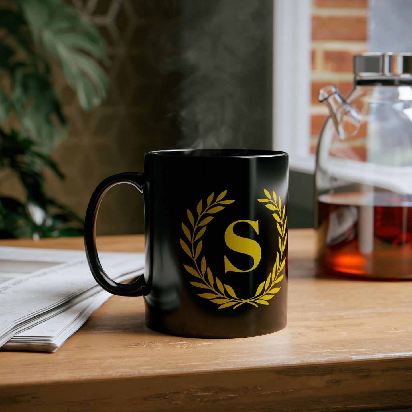 Elegant Letter "S" Laurel Monogram Black Coffee Mug