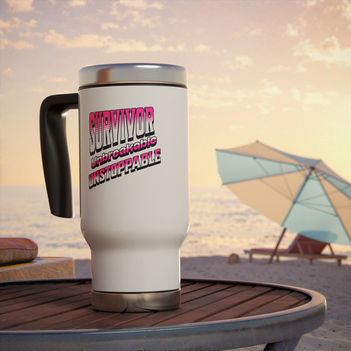 Survivor; Unbreakable, Unstoppable - Breast Cancer Survivor Stainless Steel Travel Mug with Handle, 14oz