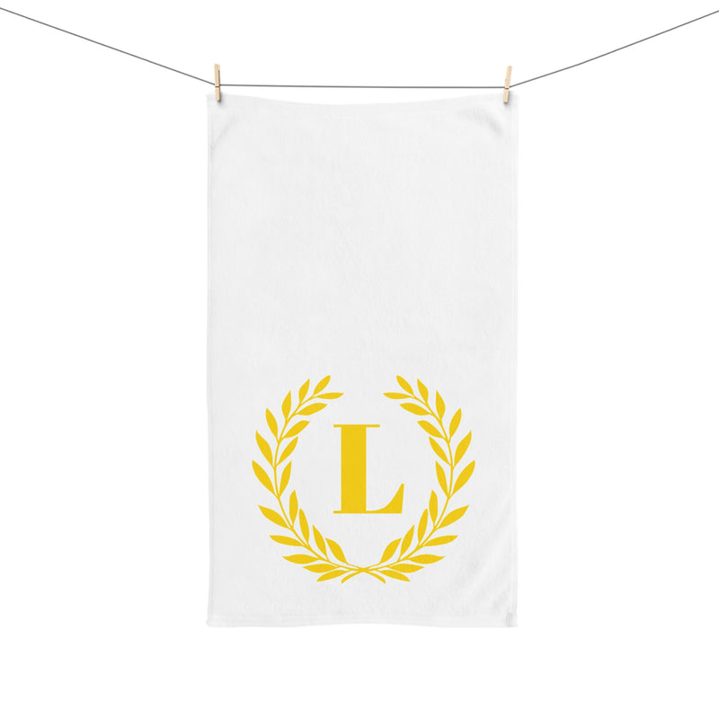 Elegant letter "L" Gold Laurel Monogram White Hand Towel