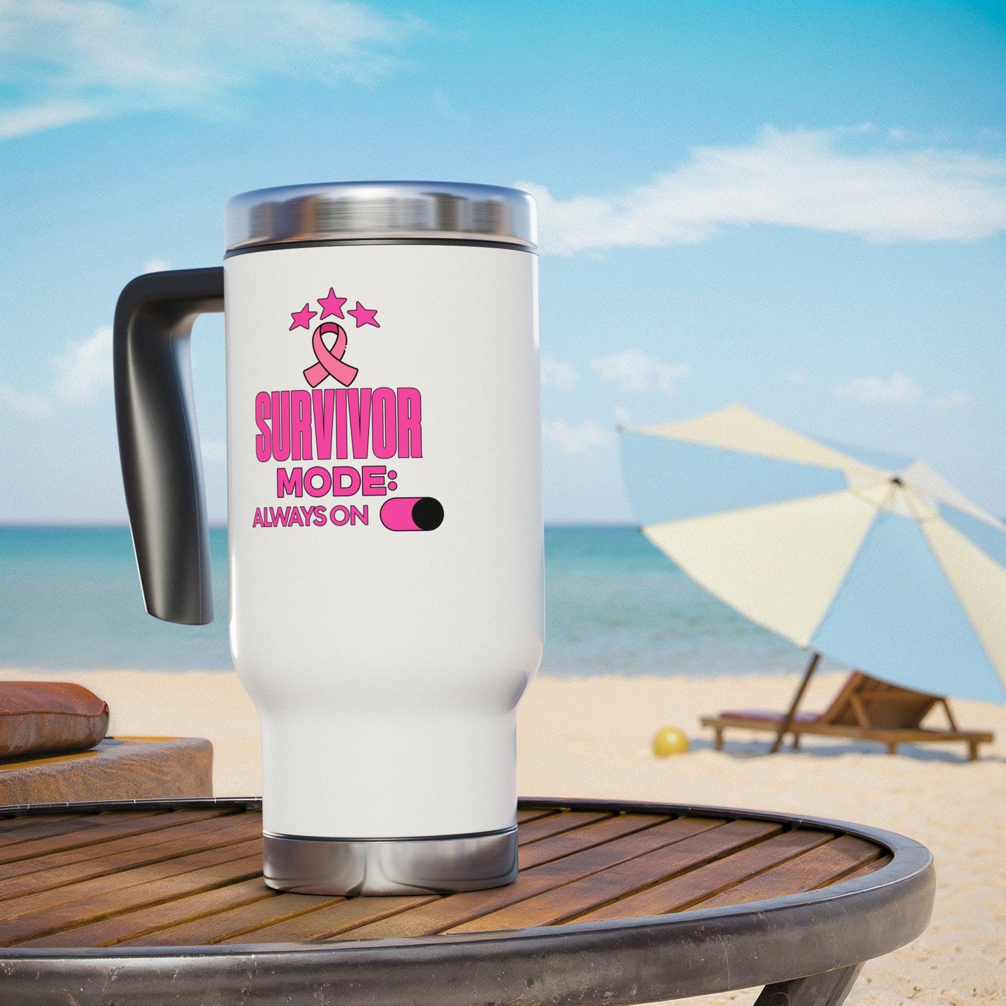 Survivor Mode: Always On - Breast Cancer Survivor Stainless Steel Travel Mug with Handle, 14oz