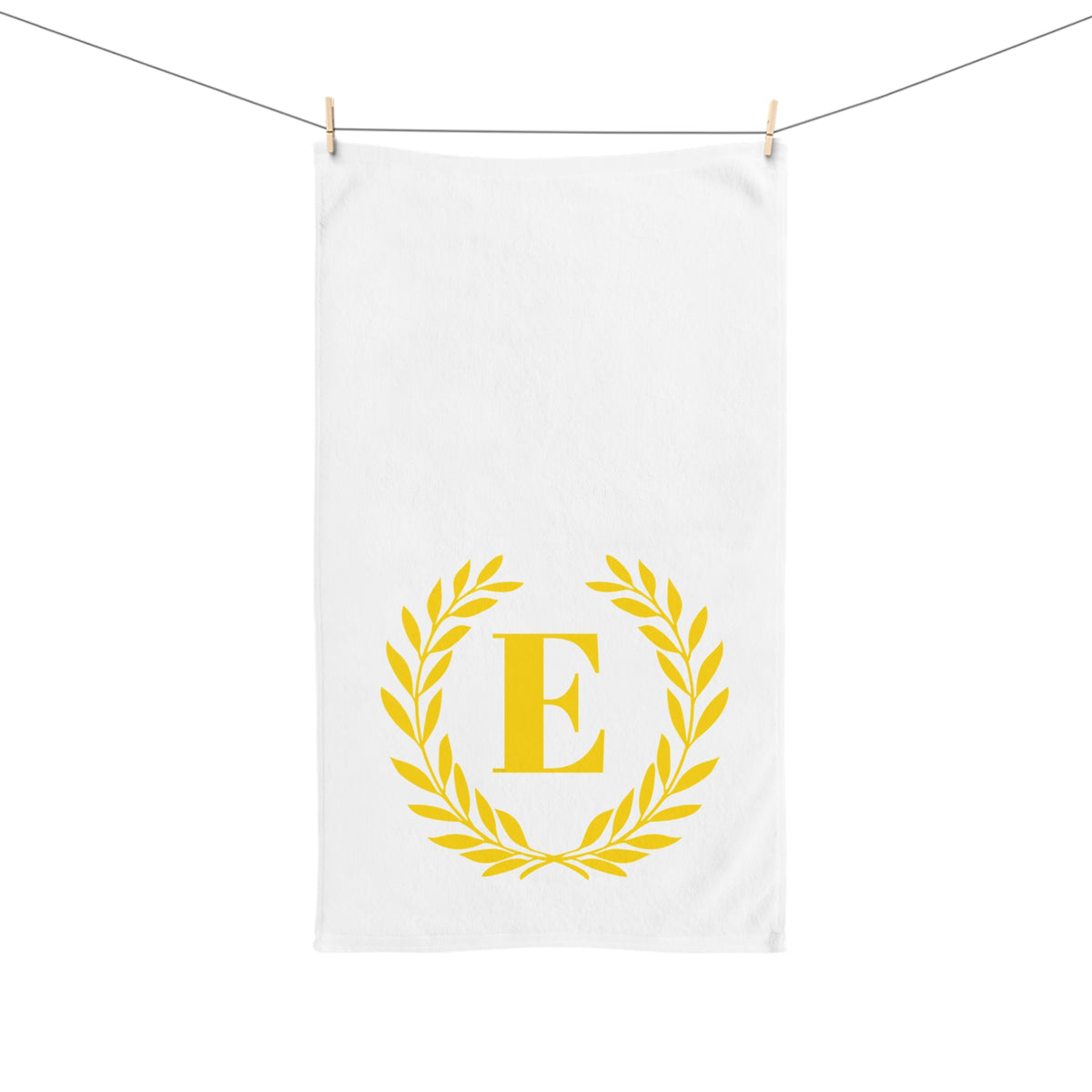 Elegant letter "E" Gold Laurel Monogram White Hand Towel