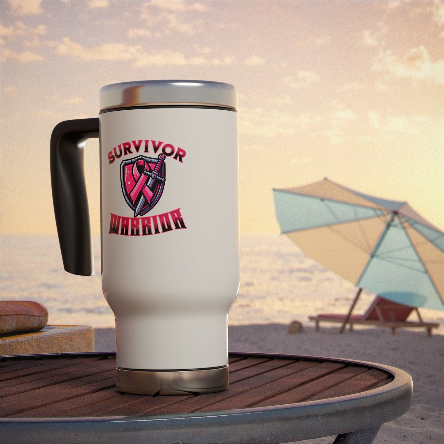 Survivor Warrior Breast Cancer Survivor Stainless Steel Travel Mug with Handle, 14oz