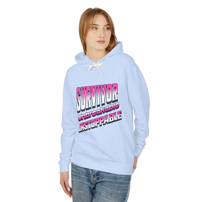 Survivor, Unbreakable, Unstoppable - Breast Cancer Survivor Lightweight Hooded Sweatshirt