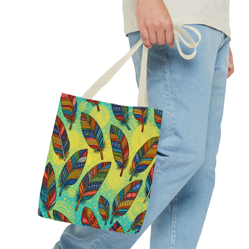 Boho Feather Pattern Tote Bag – Colorful Tribal Feathers All-Over Print