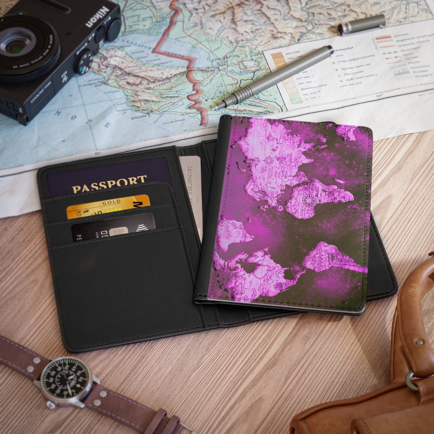 Mauve World Map Passport Cover