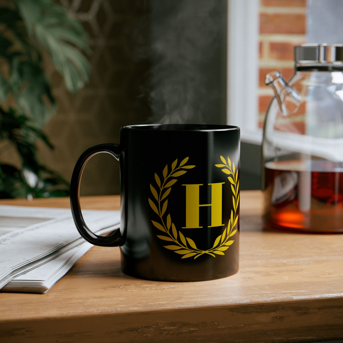 Elegant Letter "H" Laurel Monogram Black Coffee Mug