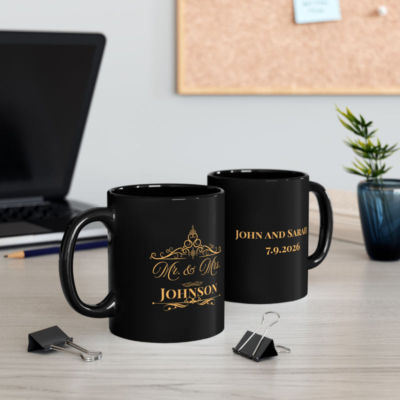 Personalized Mr. & Mrs. Wedding Date Black Mug — Custom Names & Date (11oz/15oz)