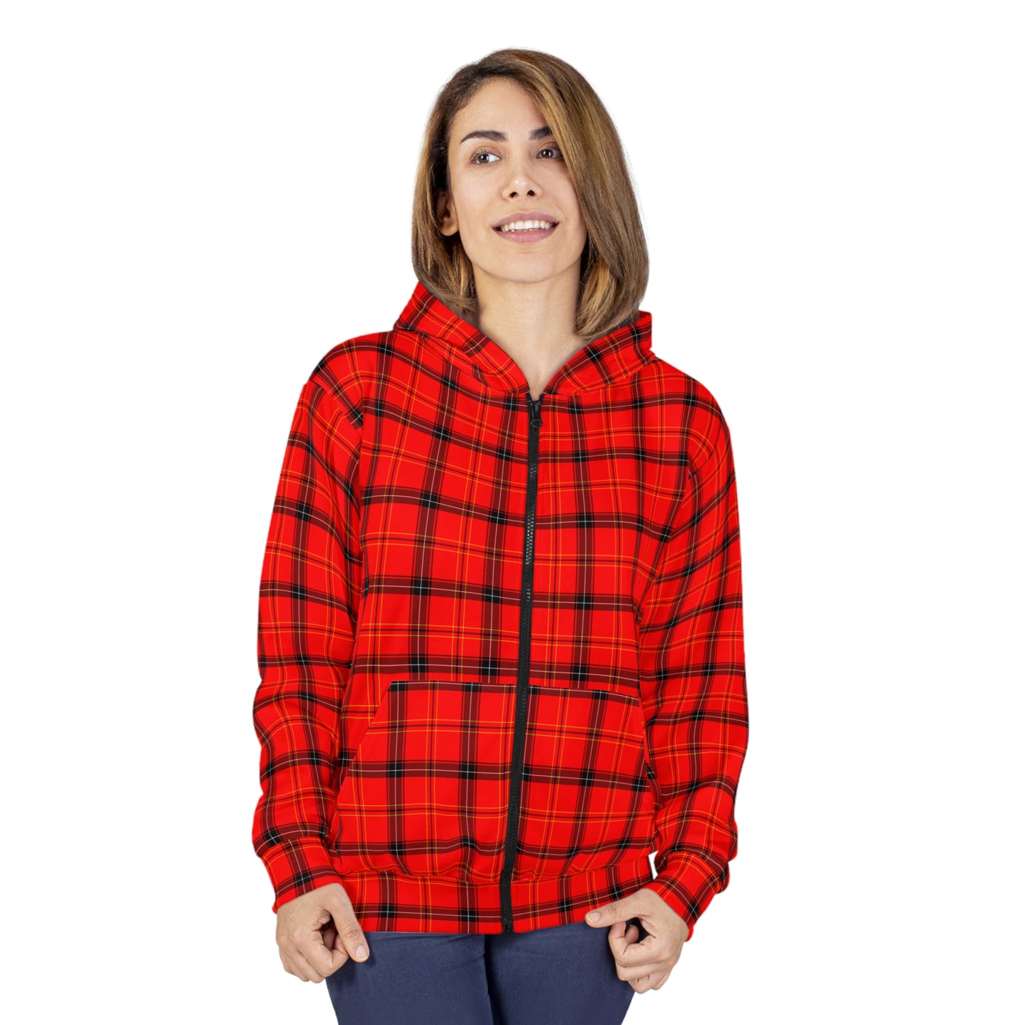 Red Plaid Pattern Unisex Zip Hoodie (AOP)