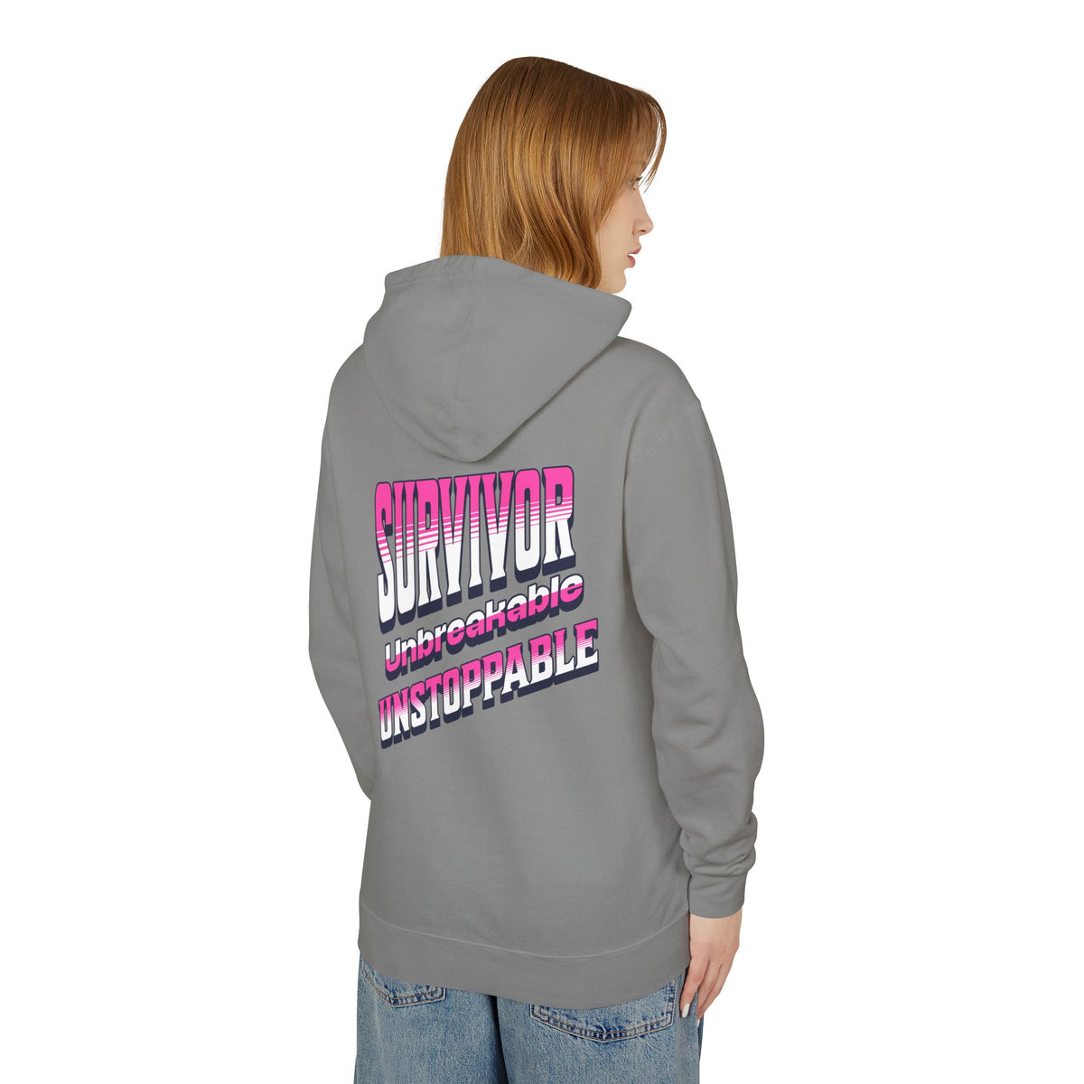 Survivor, Unbreakable, Unstoppable - Breast Cancer Survivor Lightweight Hooded Sweatshirt
