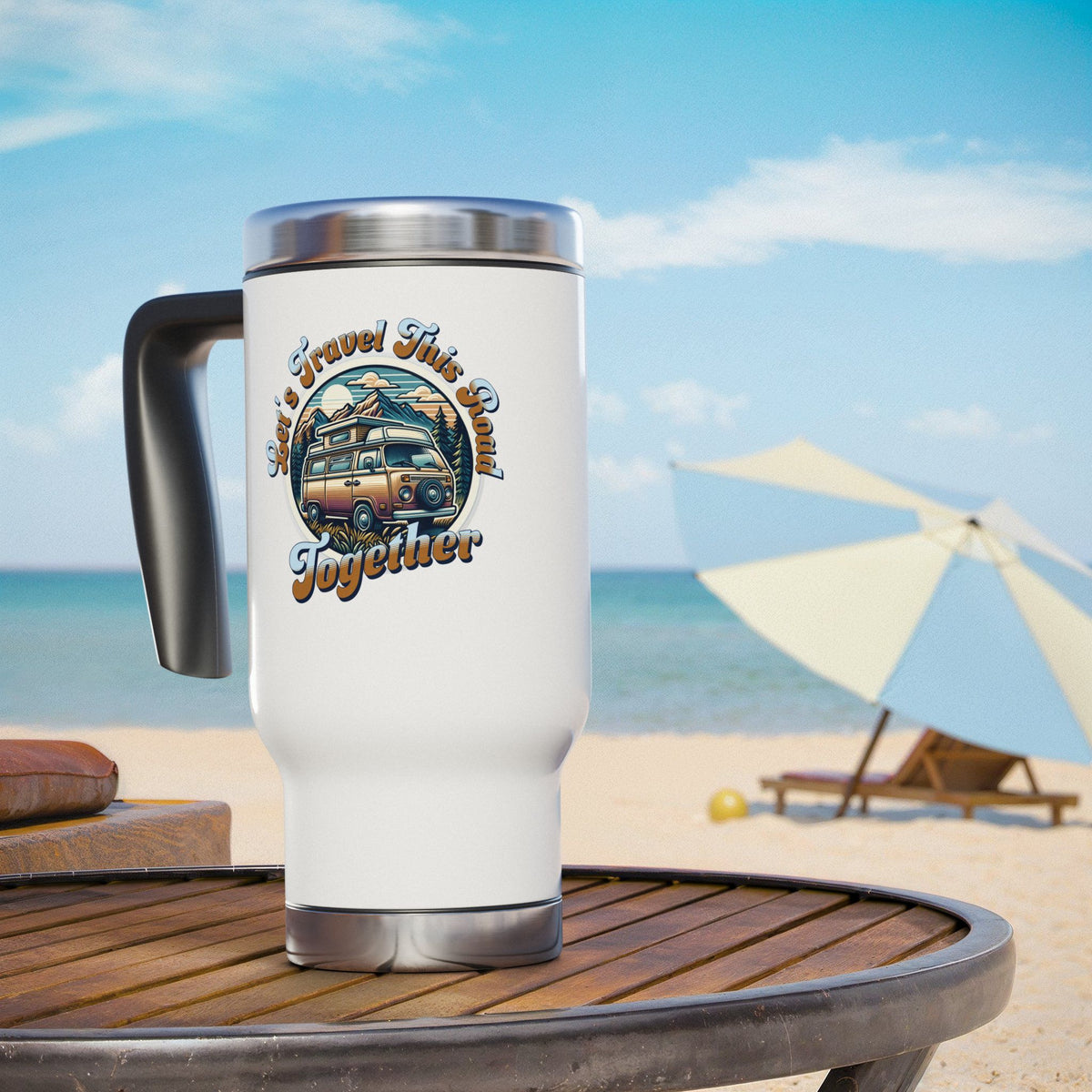 Let's Travel this Road Together- Romantic Stainless Steel Travel Mug with Handle, 14oz