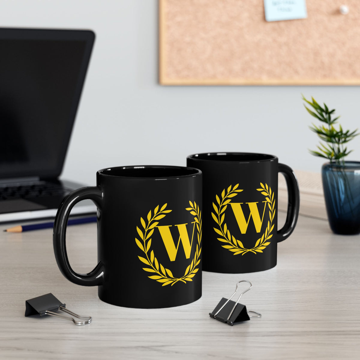 Elegant Letter "W" Laurel Monogram Black Coffee Mug