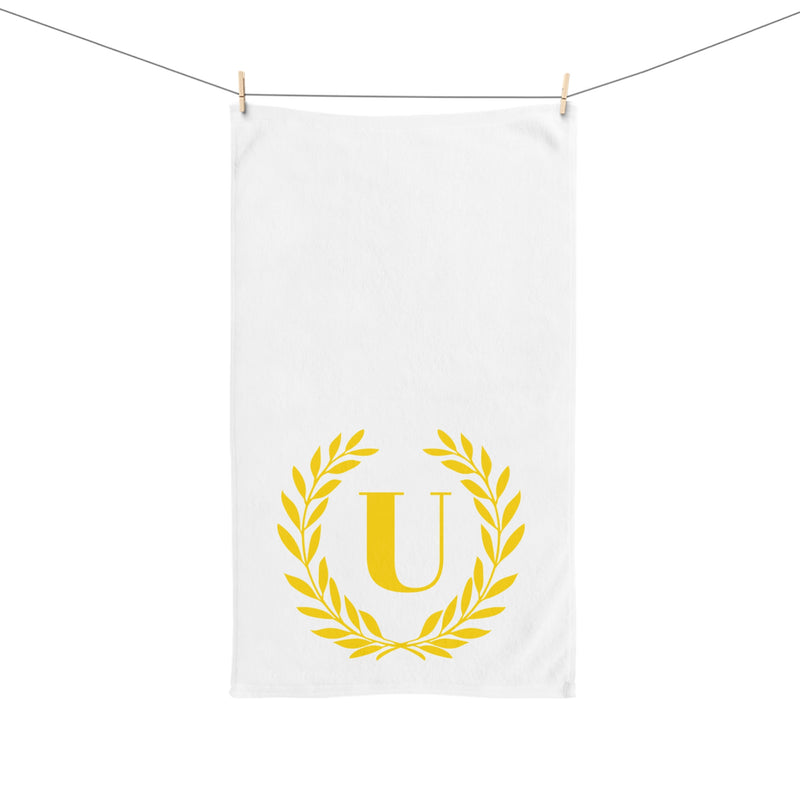Elegant letter "U" Gold Laurel Monogram White Hand Towel