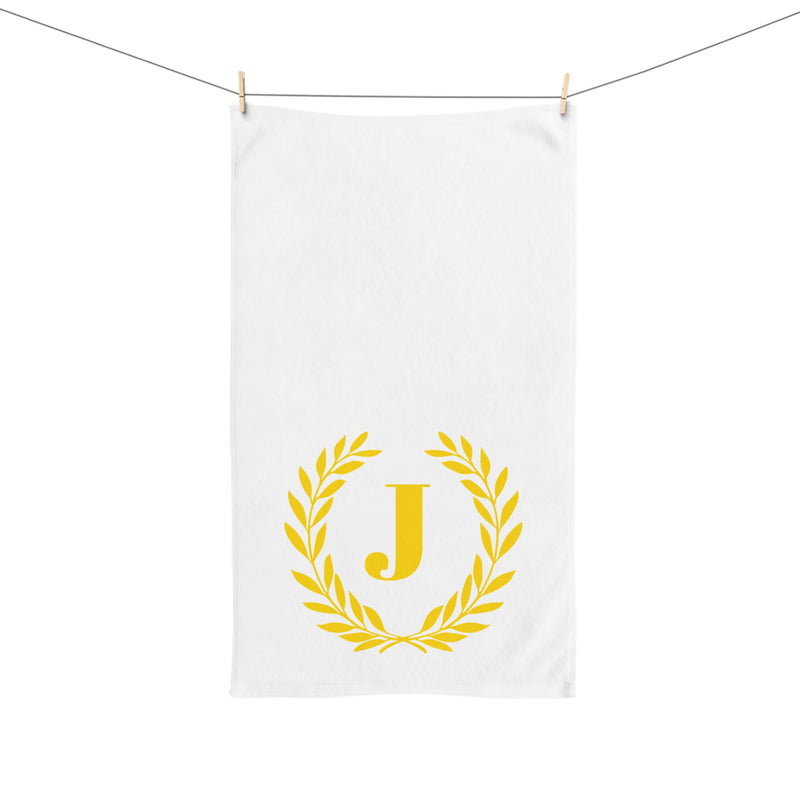 Elegant letter "J" Gold Laurel Monogram White Hand Towel