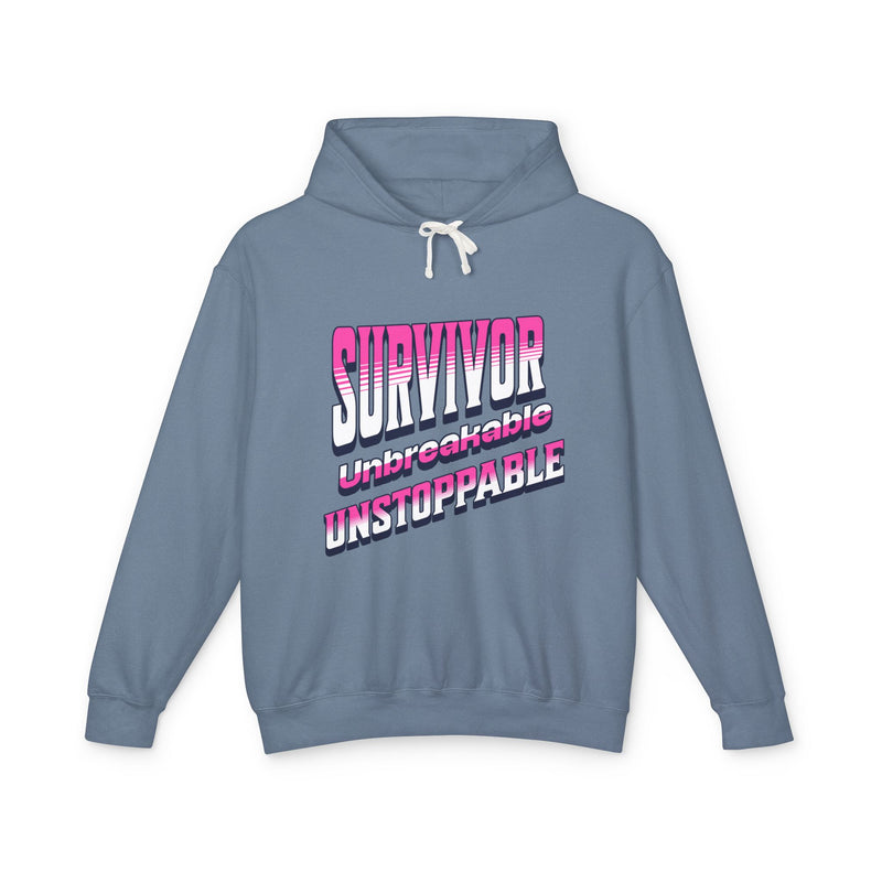 Survivor, Unbreakable, Unstoppable - Breast Cancer Survivor Lightweight Hooded Sweatshirt