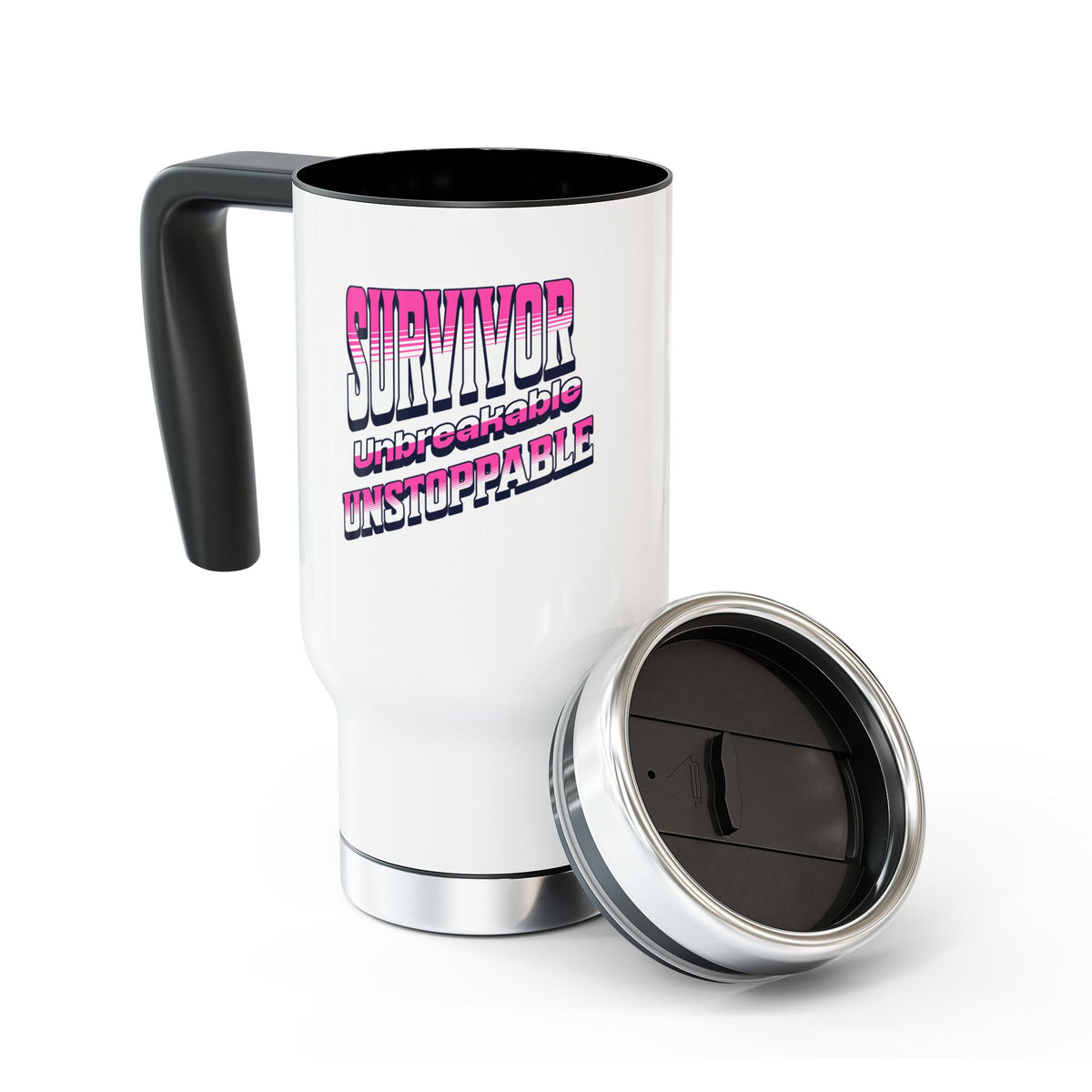 Survivor; Unbreakable, Unstoppable - Breast Cancer Survivor Stainless Steel Travel Mug with Handle, 14oz
